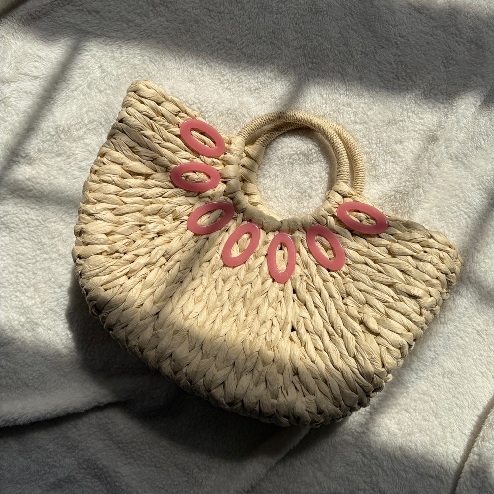 Stylish Beige and Pink Woven Tote Bag